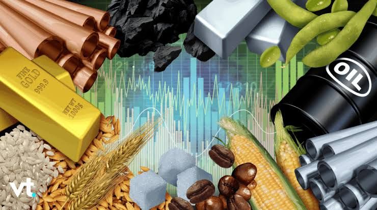 Gold bars, oil barrels, copper and grain